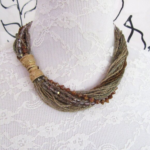 Gold beaded multi strand necklace with iridescent, clear and brown beading MCM - Picture 2 of 10